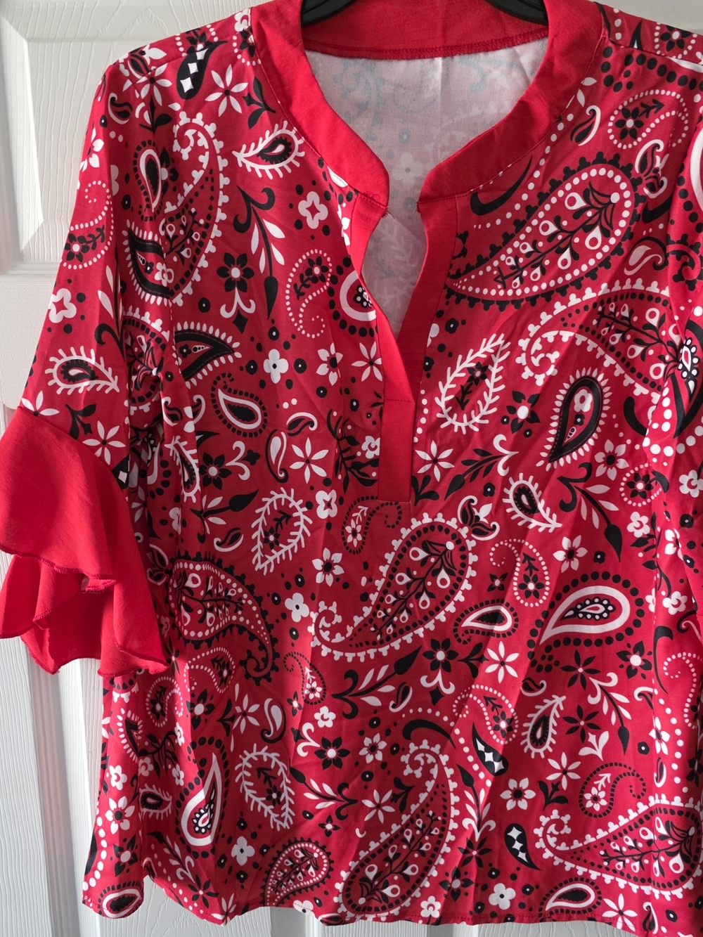 Women’s Red Paisley Ruffle Sleeve Top